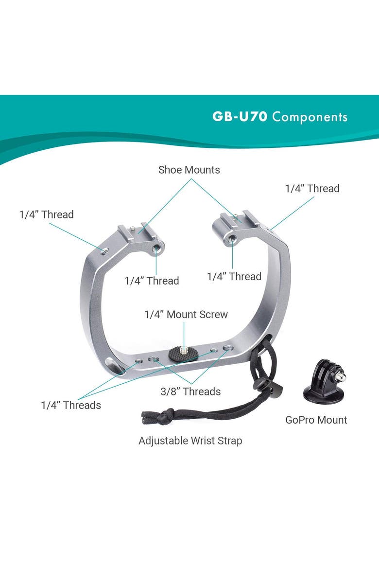 GB-U70 Underwater Diving Rig with Cold Shoe Mounts & Wrist Strap for GoPro and other Waterproof Action Cams, Alternate, color, Black