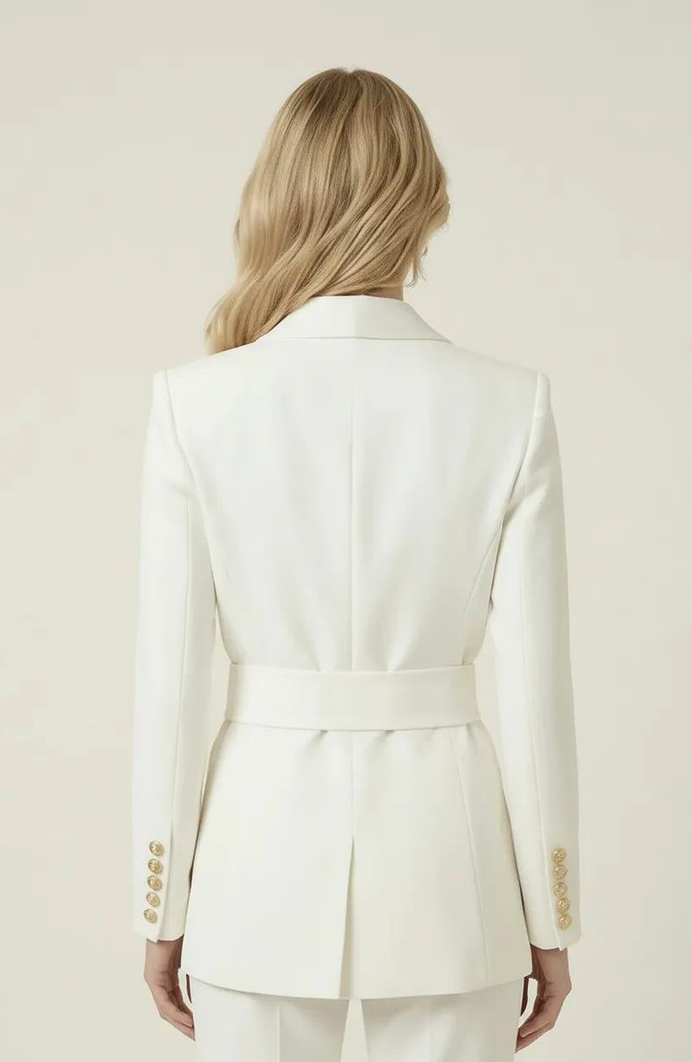 Modenaire Double Breasted Blazer with Buttons and Waist Tie Detail, Alternate, color, White