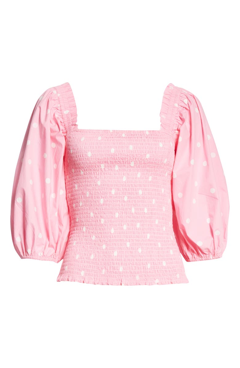 Ganni Polka Dot Smocked Organic Cotton Top, Alternate, color,