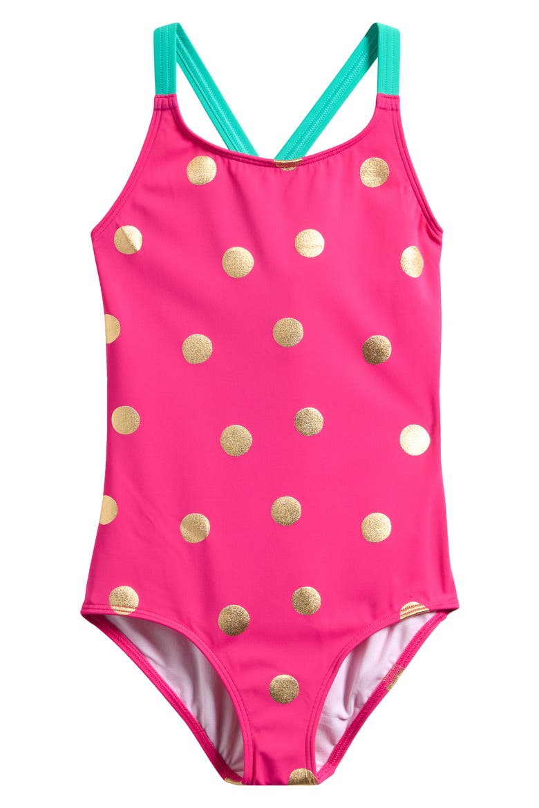 Kids' Polka Dot Crisscross Strap One-Piece Swimsuit, Main, color, FUCHSIA PINK, GOLD FOIL SPOT