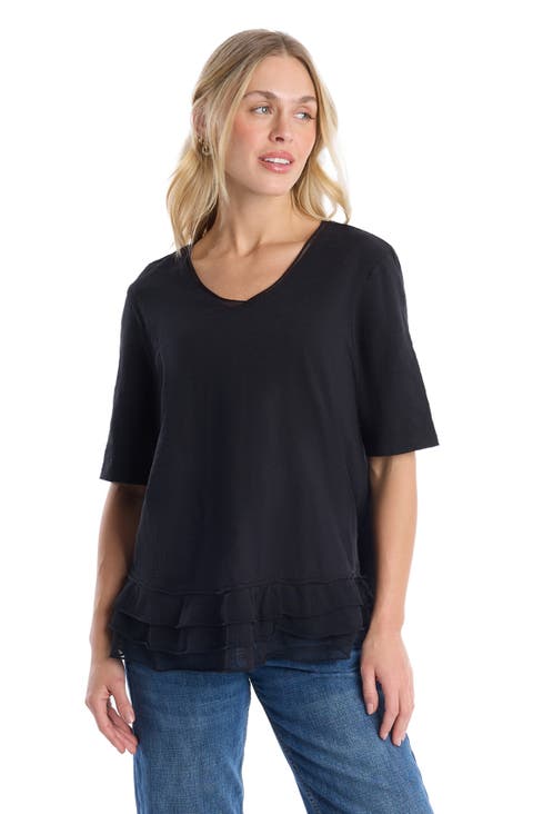 V-Neck Elbow Sleeve Mixed Media Tee