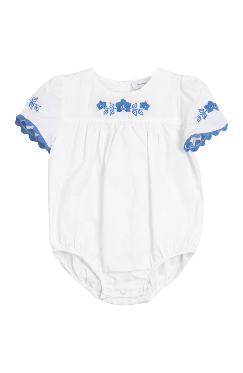 Charlotte & George Criss Cross Flower Embroidered Cotton Bubble Romper, Main, color, White