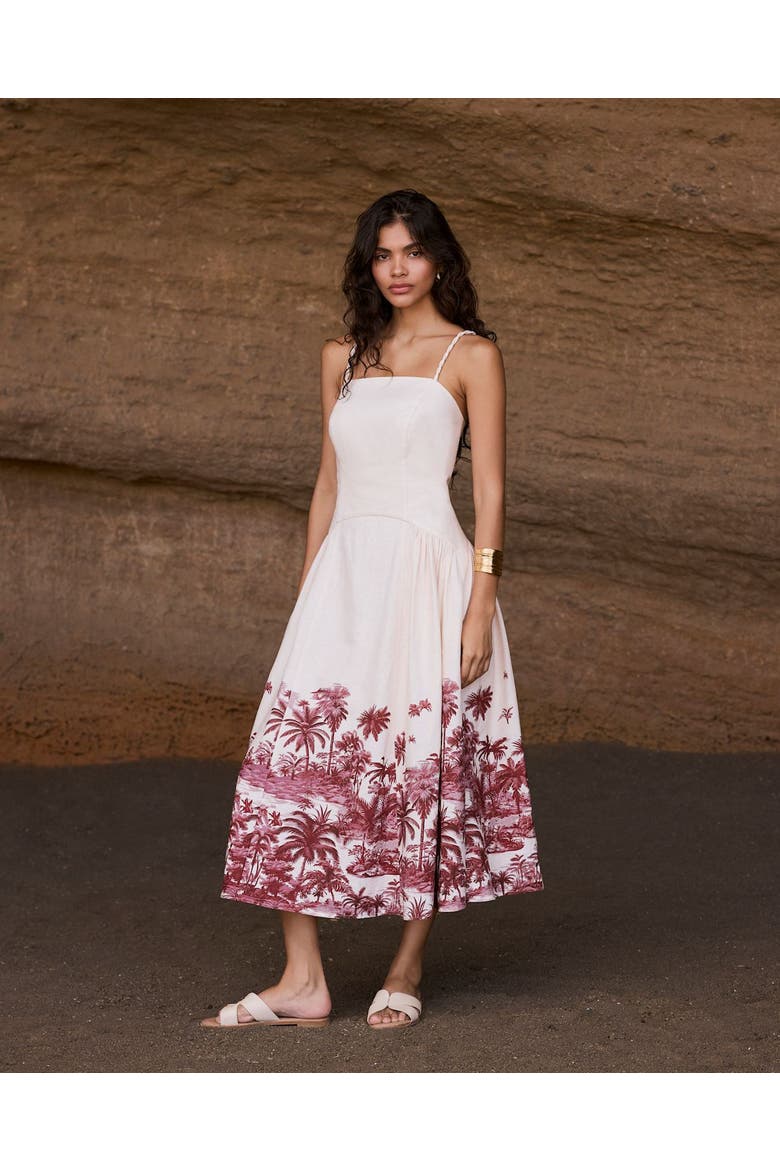 Palm Print Midi Dress, Alternate, color, Burgundy