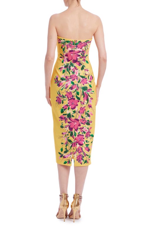 Badgley Mischka Strapless Floral-print Bodycon Midi Dress In Yellow Mint