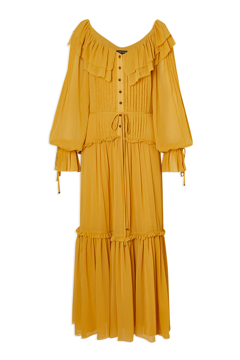 Georgette Ruffle Woven Maxi Dress, Alternate, color, Ochre