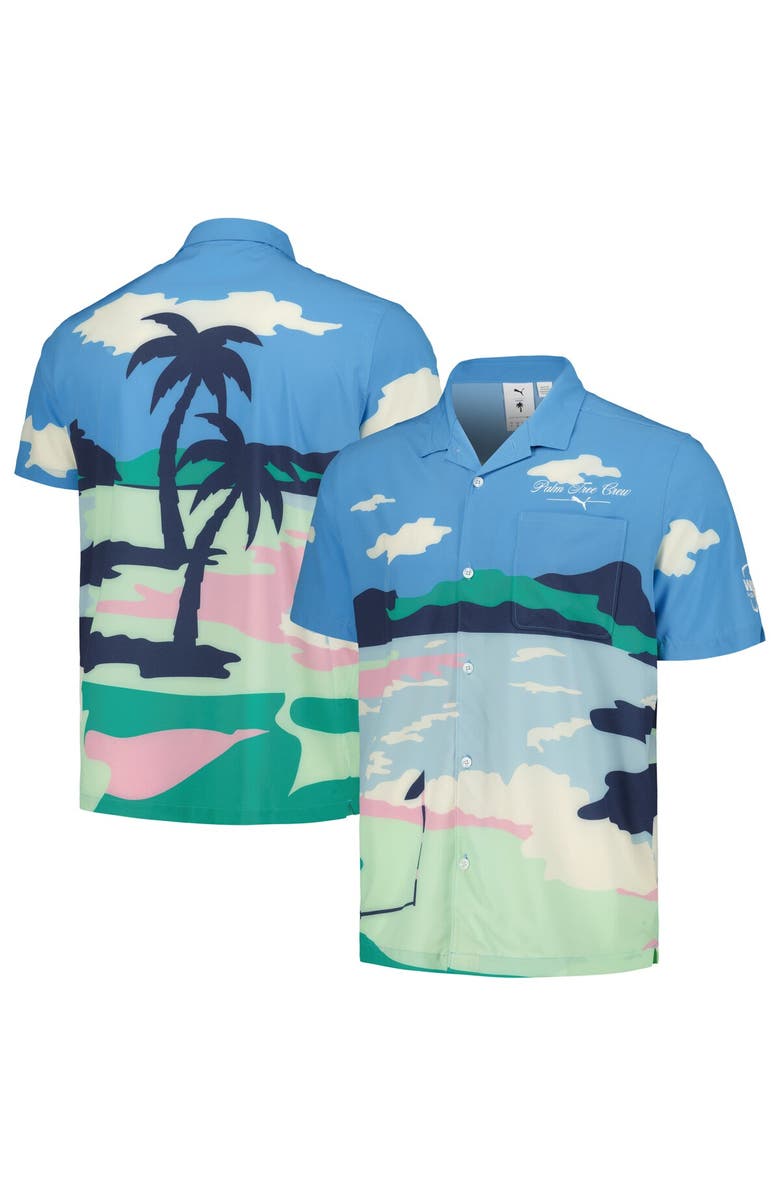 PUMA Men's Puma x PTC Blue WM Phoenix Open Print MATTR Button-Up Shirt, Main, color, Blue