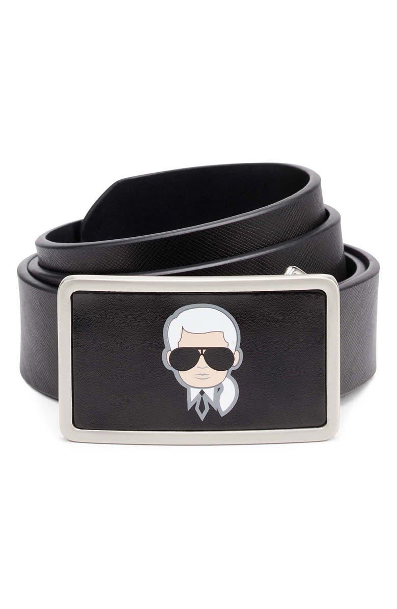 KARL LAGERFELD PARIS Karl Head Plaque Buckle Leather Belt, Main, color, 