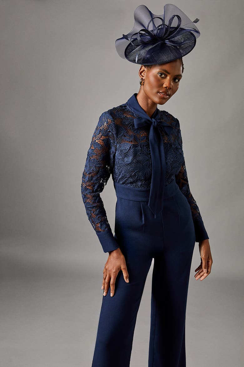 Lace Tie Neck Jumpsuit, Alternate, color, Navy