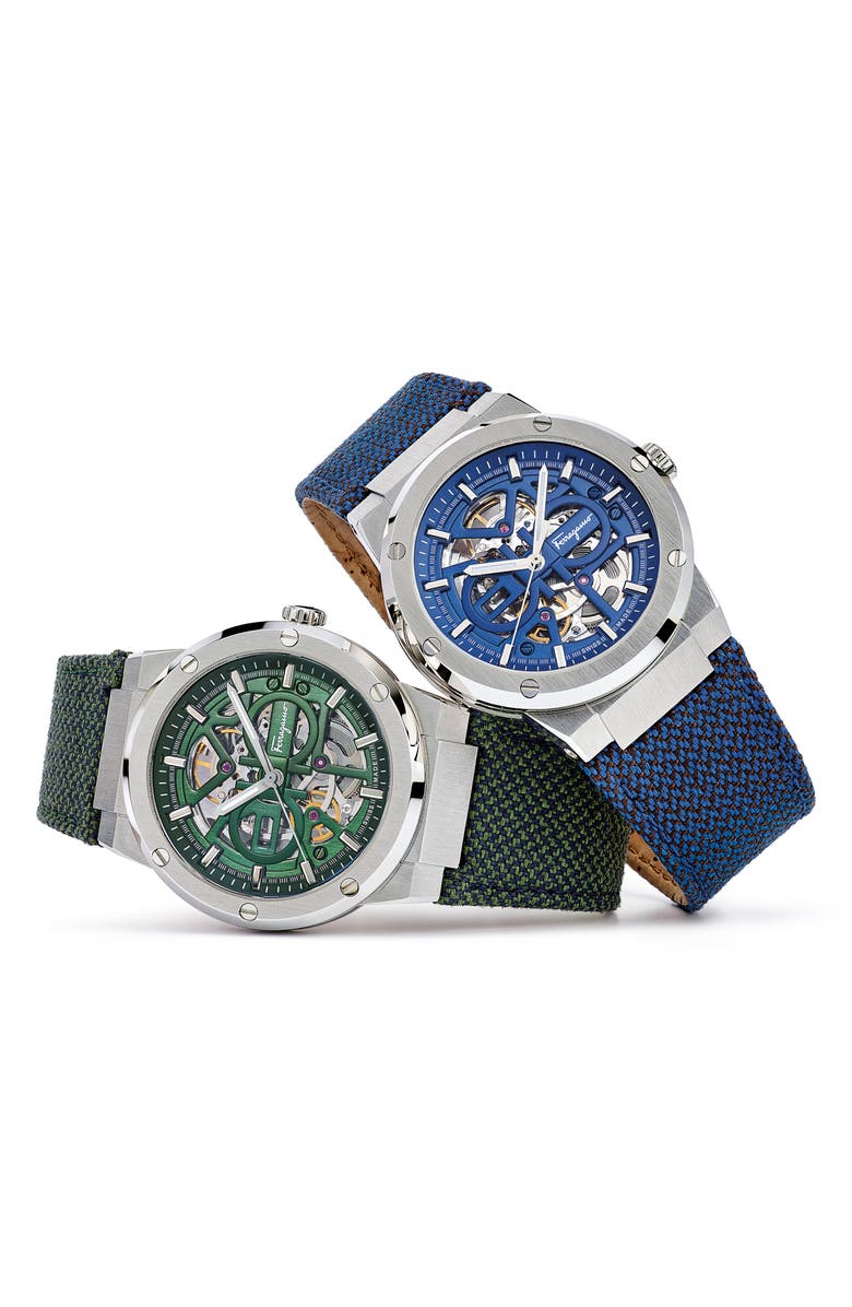 FERRAGAMO F-80 Skeleton Limited Edition Fabric Strap Watch, 41mm, Alternate, color,