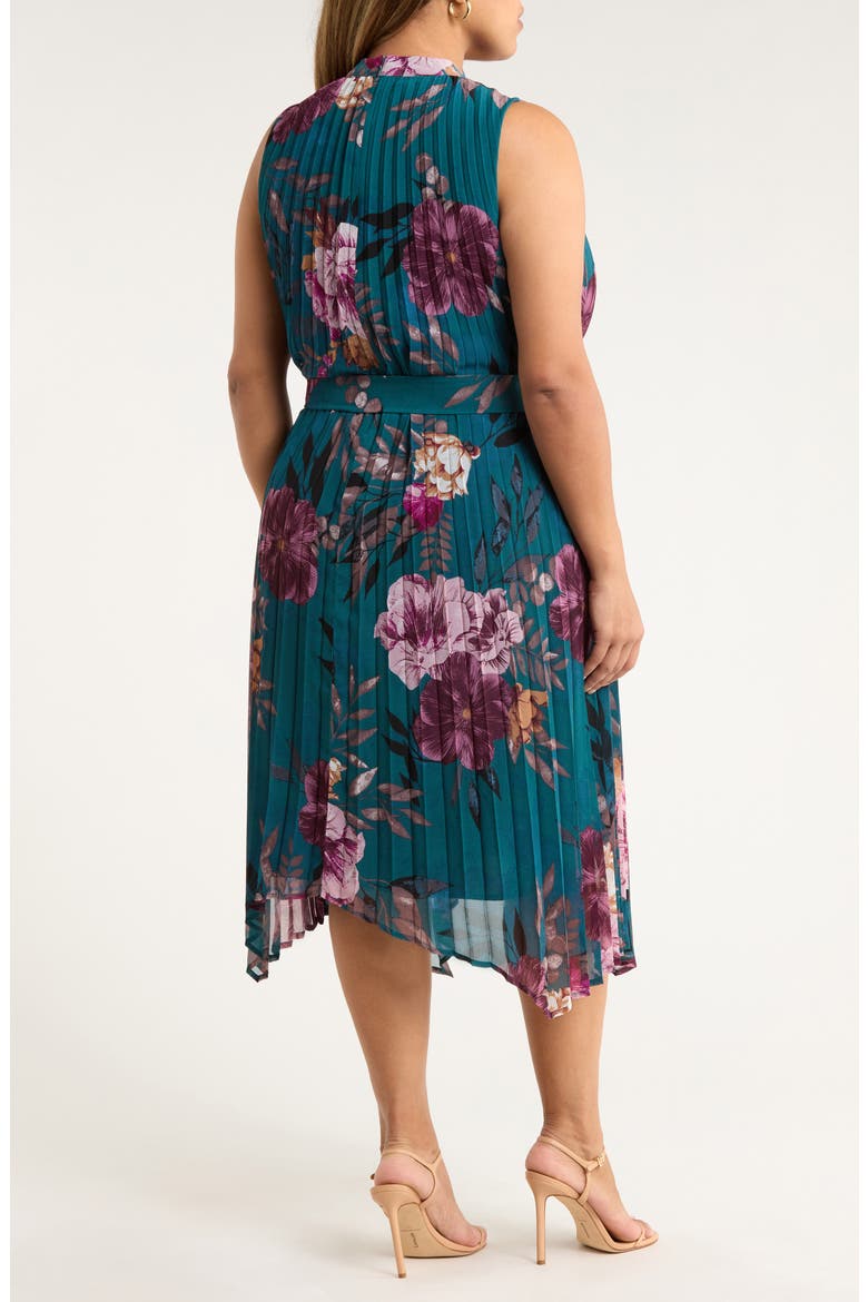 Floral Print Pleated Sleeveless Asymmetric Midi Dress, Alternate, color, OCEAN TEAL