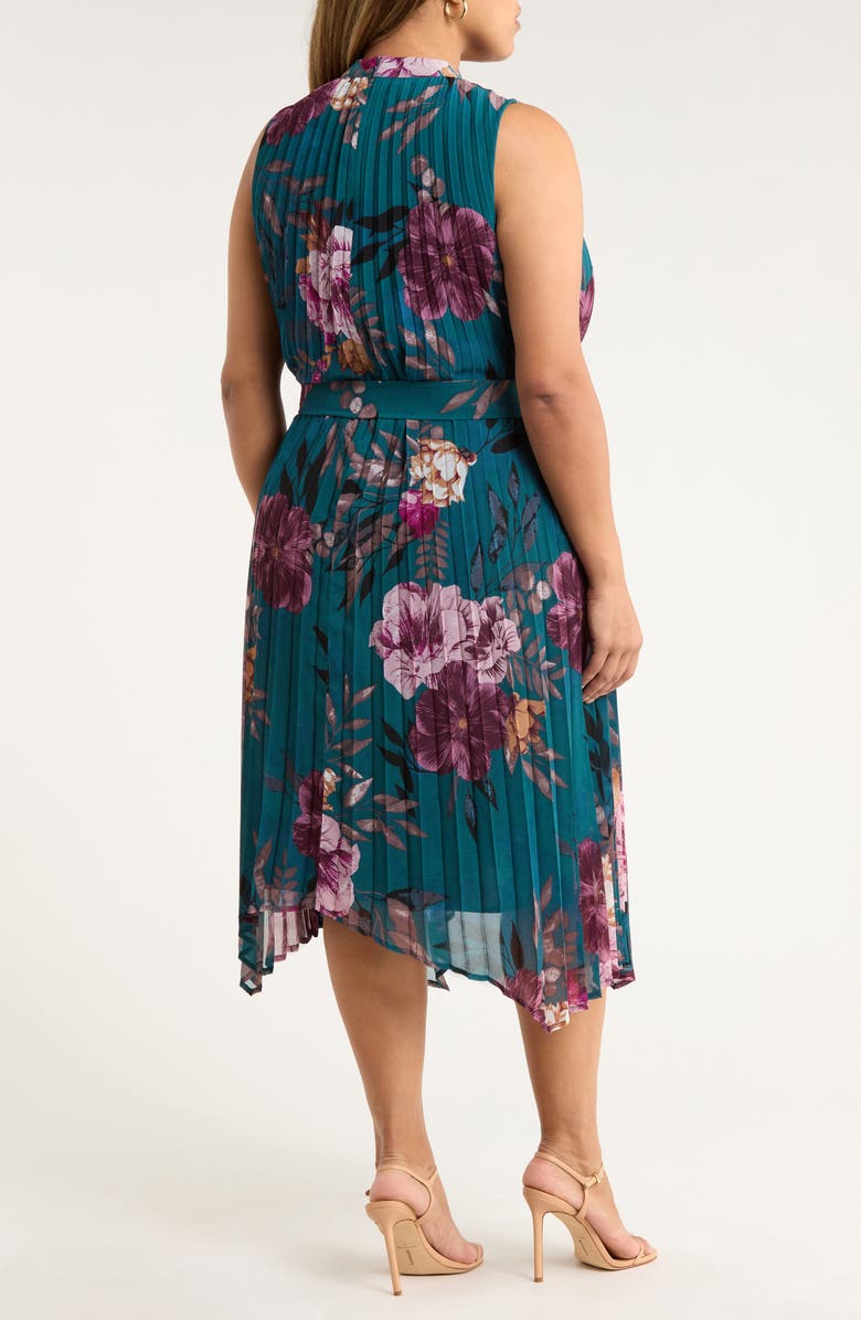 Tahari ASL Floral Print Pleated Sleeveless Asymmetric Midi Dress, Alternate, color, Ocean Teal