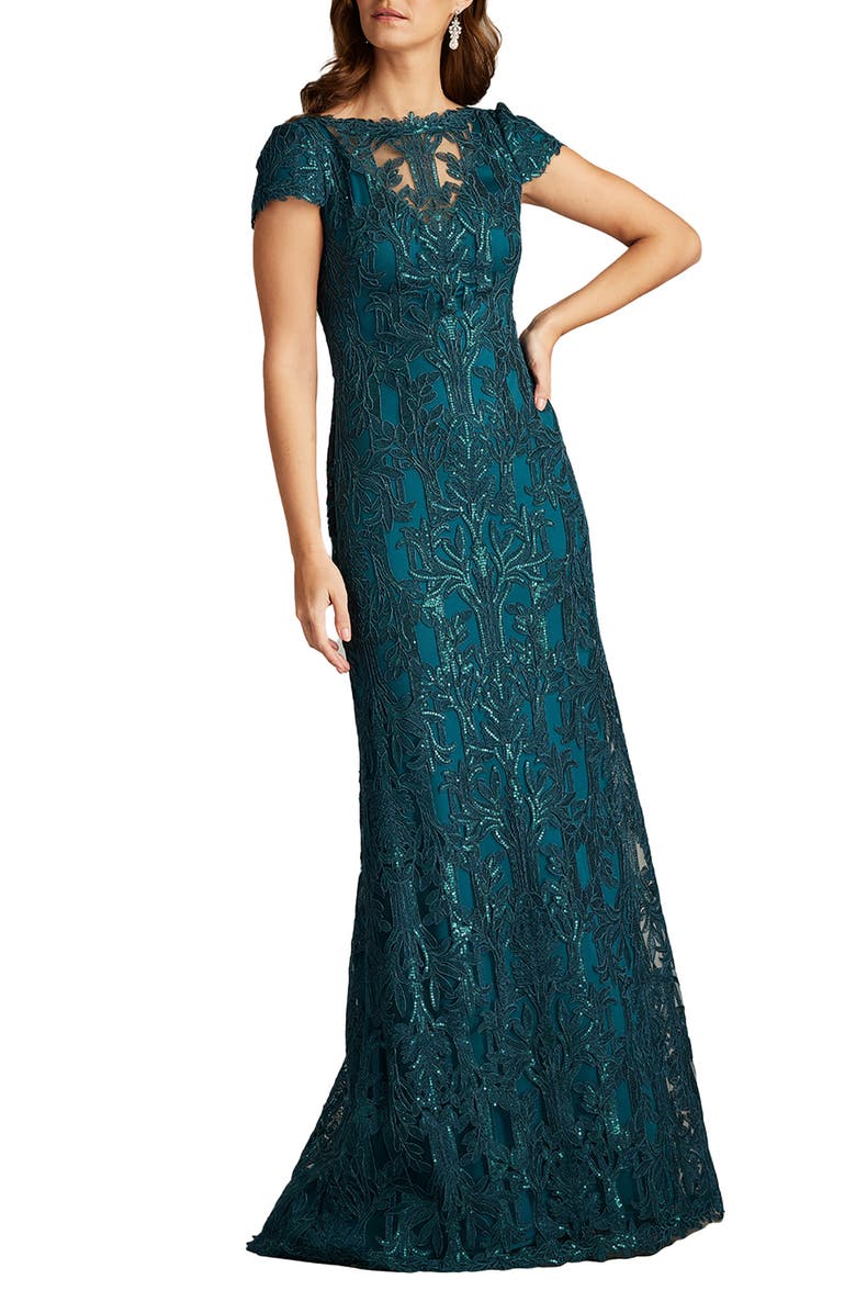 Tadashi Shoji Sequin Leaf Print Sheath Gown, Main, color, 