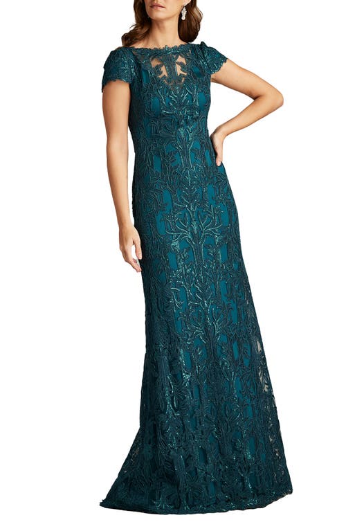 TADASHI SHOJI TADASHI SHOJI SEQUIN LEAF PRINT SHEATH GOWN
