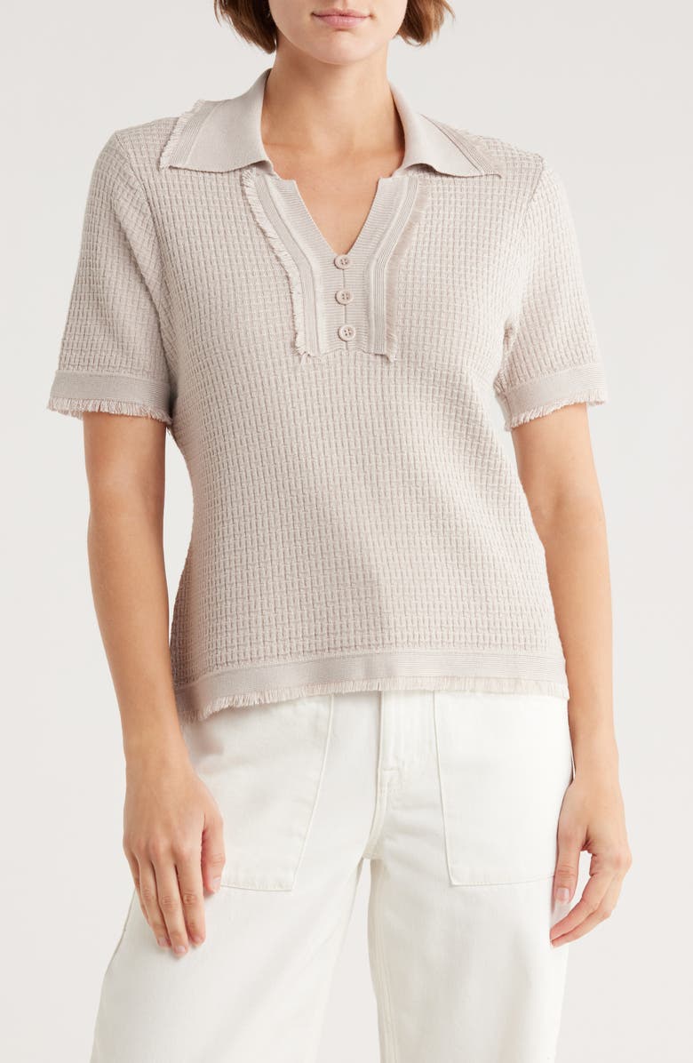Adrianna Papell Frayed Edge Johnny Collar Polo, Main, color, Pebble