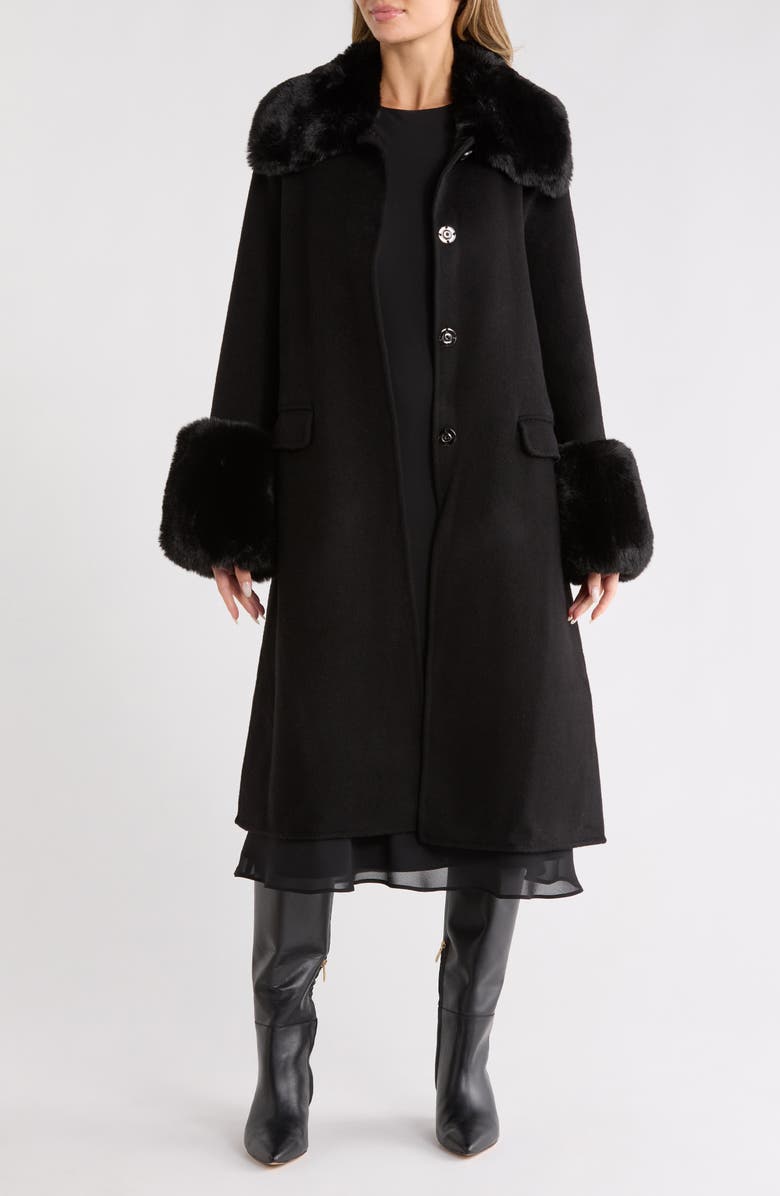 La Fiorentina Longline Wool Coat with Faux Fur Trim, Alternate, color, Black