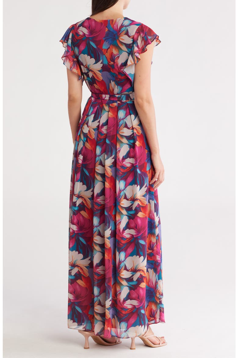 Floral Flutter Sleeve Pleated Maxi Dress, Alternate, color, FUCHSIA MULTI