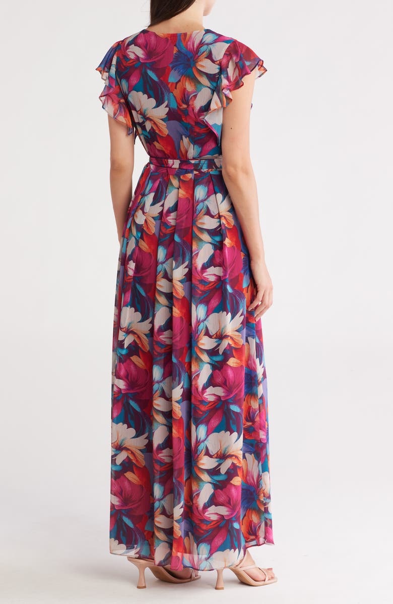 Donna Ricco Floral Flutter Sleeve Pleated Maxi Dress, Alternate, color, Fuchsia Multi
