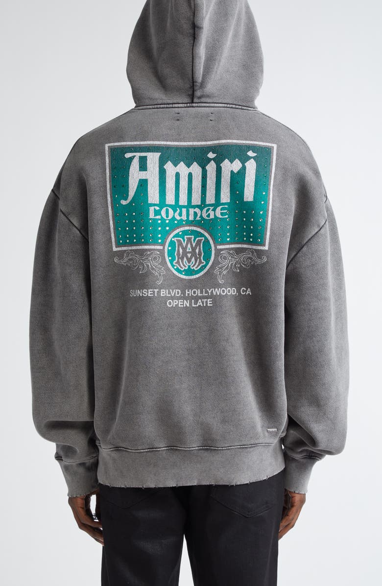 AMIRI Lounge Crystal Embellished Distressed Graphic Hoodie, Alternate, color, Black