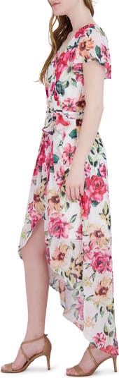 Floral High-Low Faux Wrap Dress