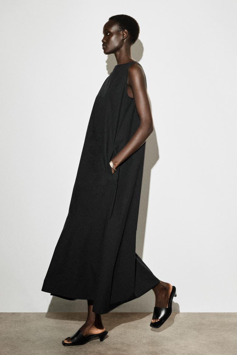 Dropped-hem Cotton Midi Dress, Alternate, color, BLACK