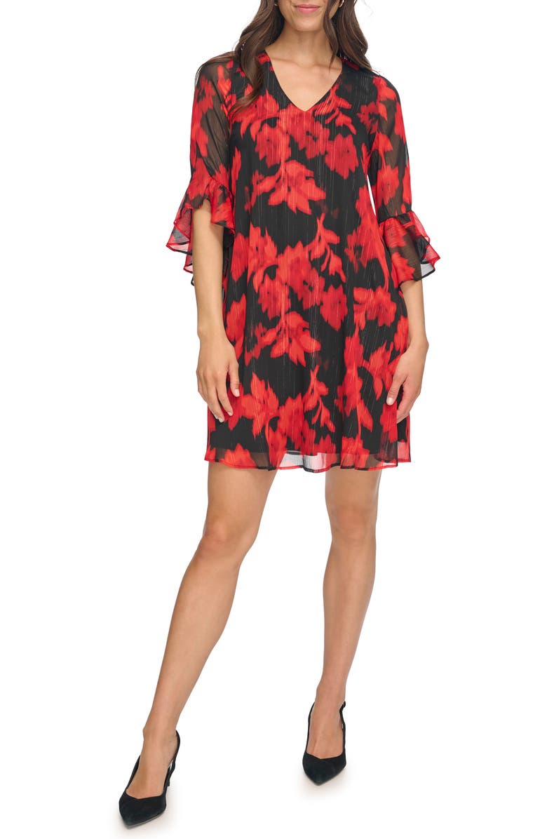 Calvin Klein Metallic Floral Chiffon Trapeze Dress, Main, color, 