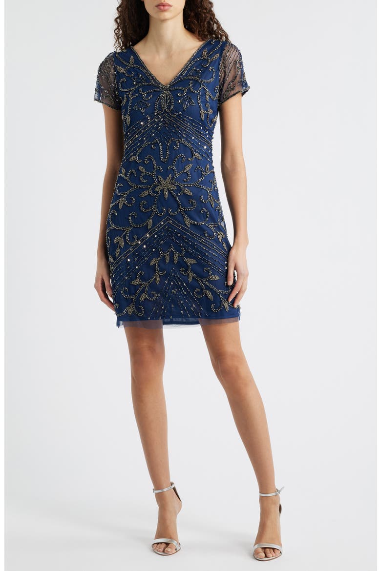 Beaded Double V-Neck Dress, Main, color, DENIM