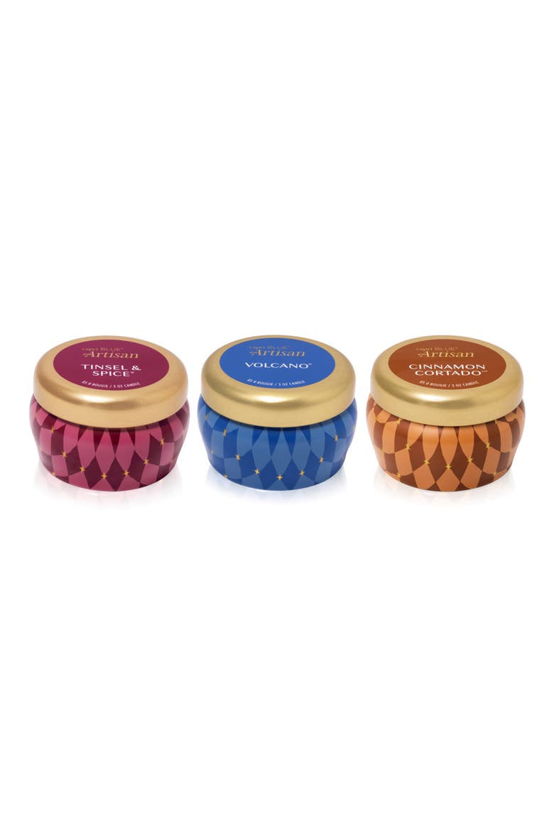 Winter Bazaar 3-Piece Mini Tin Candle Set, Main, color, CINNAMON/TINSEL SPICE/VOLCANO