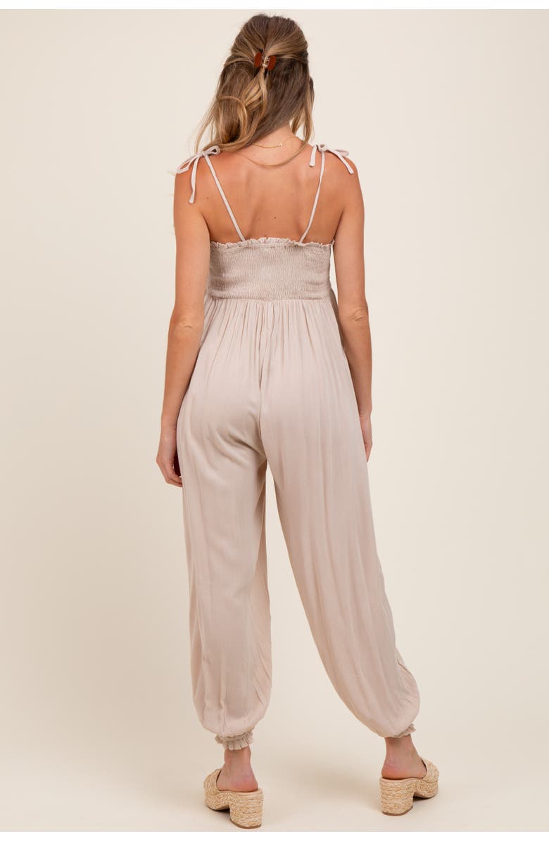 PinkBlush Smocked Button Front Shoulder Tie Jumpsuit, Alternate, color, Beige