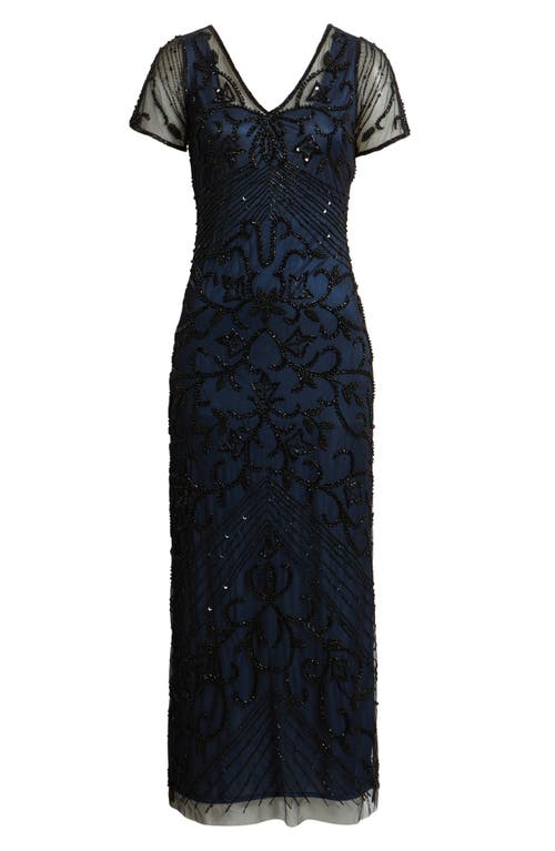 Pisarro Nights Beaded Mesh Column Gown In Blue