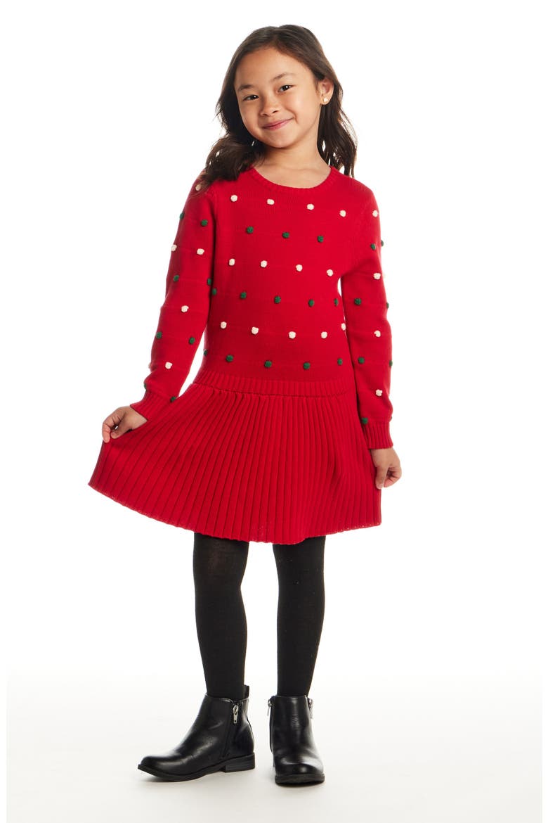 Kids' Pompom Sweater Dress, Alternate, color, RED BUBBLE