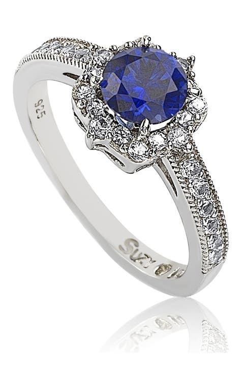 Sterling Silver Sapphire Center Stone & Lab Grown White Sapphire