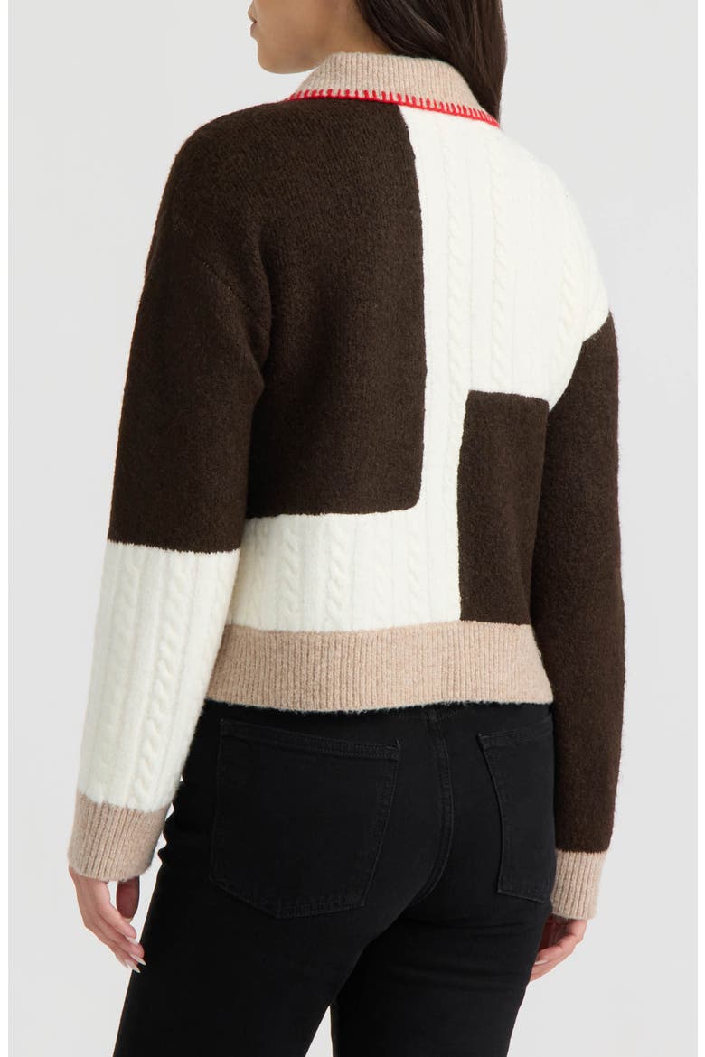 Patchwork Cable Knit Cardigan, Alternate, color, MARSHMALLOW/ GROUND COFFEE