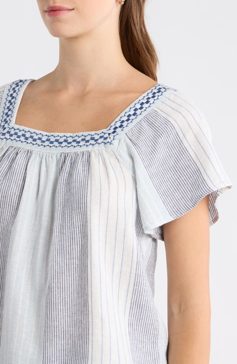 Lucky Brand Stripe Embroidered Square Neck Linen Blend Top, Alternate, color, Blue Stripe