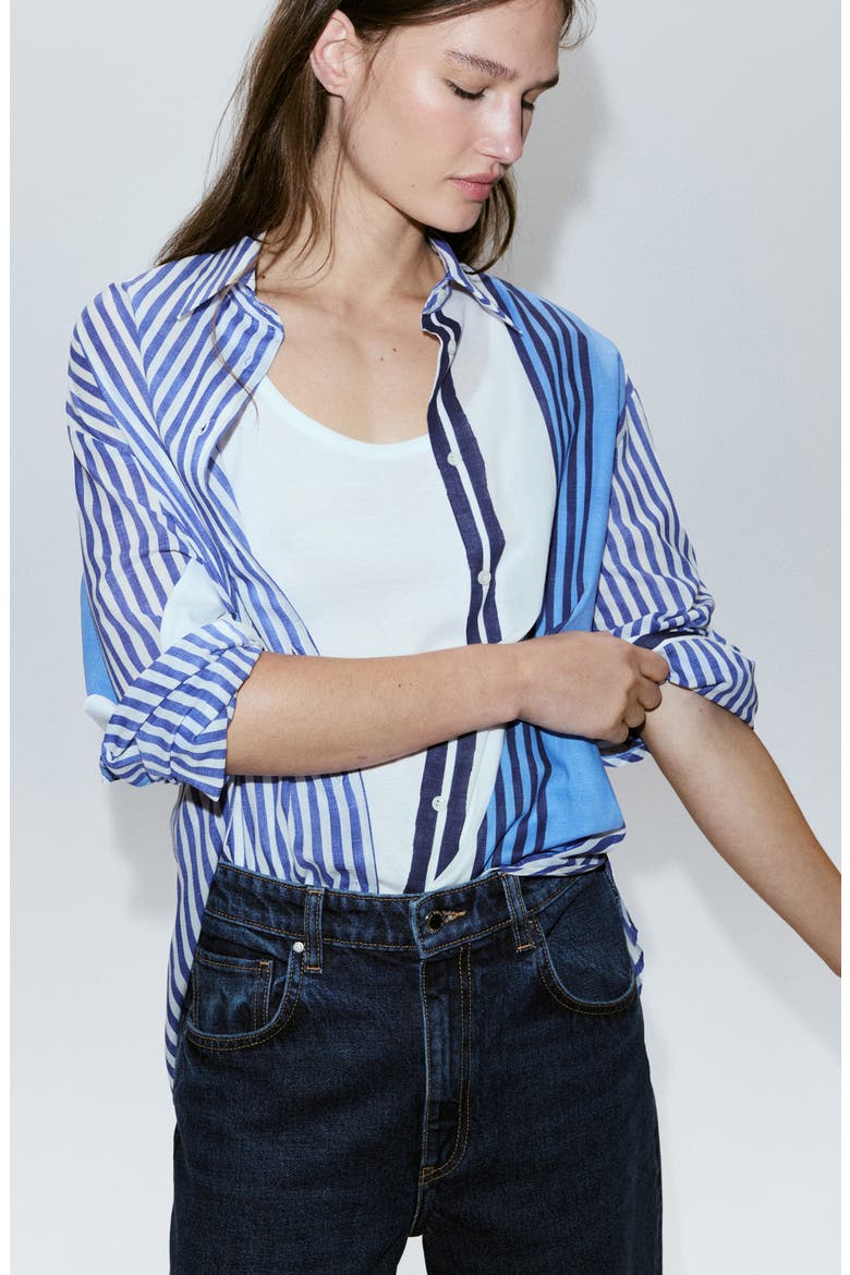 Stripe Cotton Button-Up Shirt, Alternate, color, BLUE