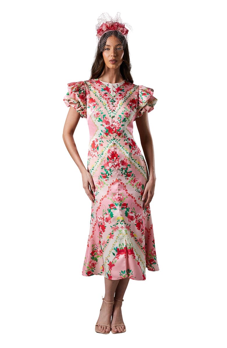 Coast Lisa Printed Ruffle Hem Midi Dress, Main, color, Pink