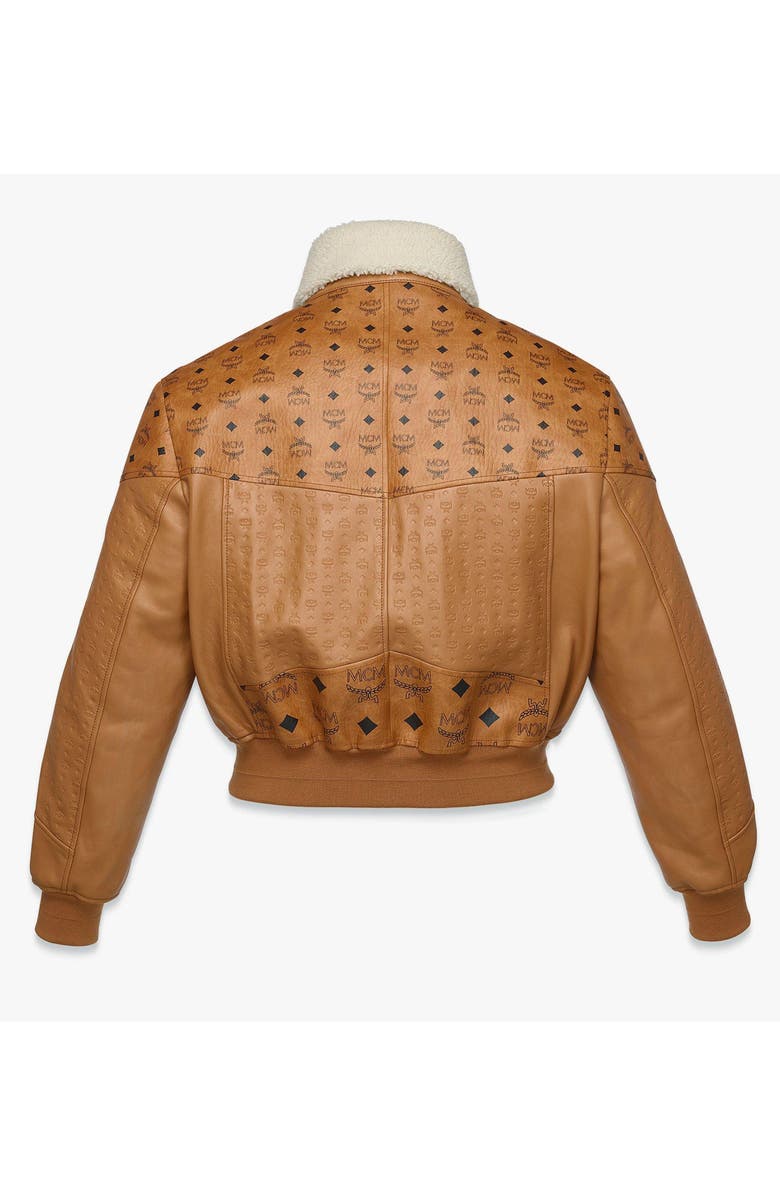 MCM Shearling Bomber Jacket in Visetos Leather Mix, Alternate, color, Cognac