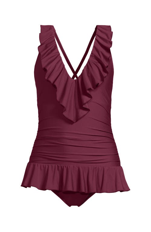 Lands' End Ruffle Plunge Skirted High Leg One Piece In Burgundy