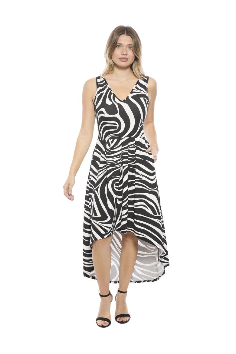 Womens Zebra Sleeveless Fit N Flare High Low Pocket Midi Dress, Main, color, Black Multi