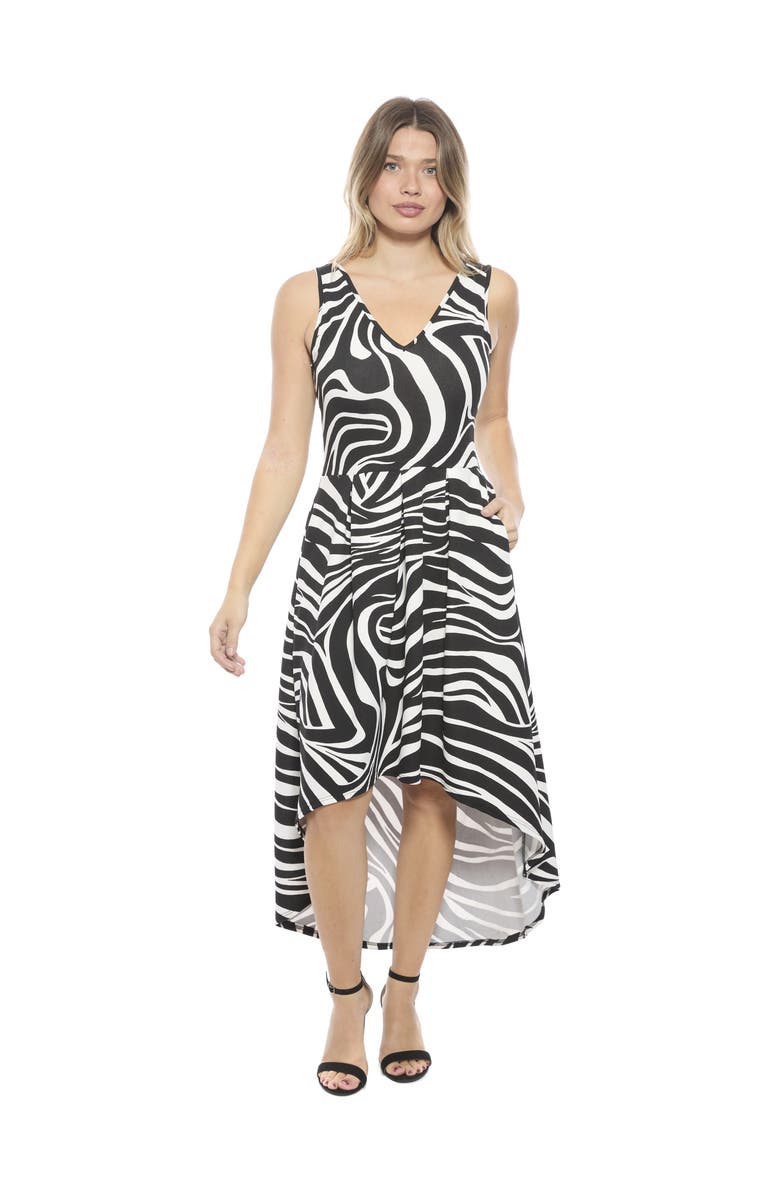 24seven Comfort Apparel Womens Zebra Sleeveless Fit N Flare High Low Pocket Midi Dress, Main, color, Black Multi