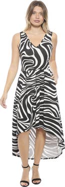 24seven Comfort Apparel Womens Zebra Sleeveless Fit N Flare High Low Pocket Midi Dress