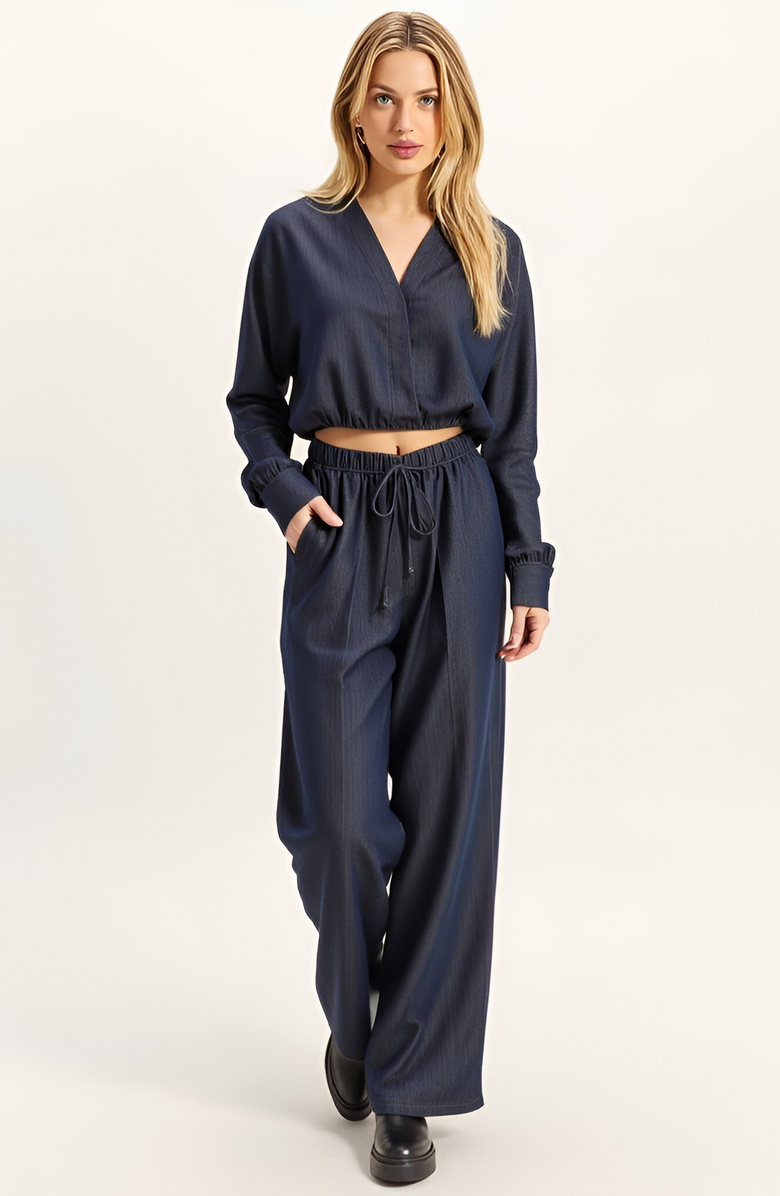 Modenaire Relaxed Drawstring Wide-Leg Collared Lounge Set, Main, color, Dark Blue