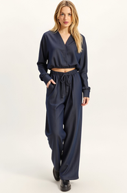 Modenaire Relaxed Drawstring Wide-Leg Collared Lounge Set