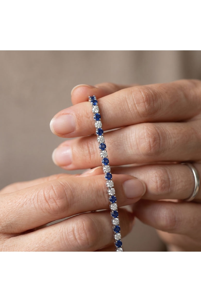 30Ct Blue Sapphire & Diamond Tennis Necklace 14k Gold 16.5" Lab Grown, Alternate, color, Yellow Gold