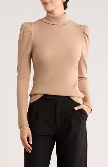 Elie Elie Tahari Stretch Pima Cotton Puff Sleeve Turtleneck Rib Top In Brown