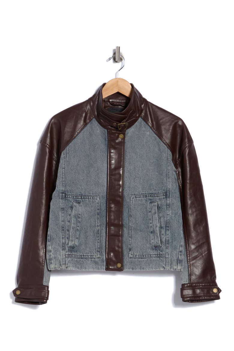 Mixed Media Faux Leather & Denim Moto Jacket, Main, color, MEDIUM WASH- CHOCOLA