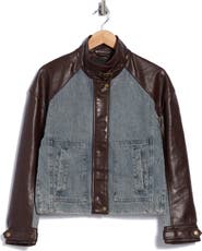 7 For All Mankind Mixed Media Faux Leather & Denim Moto Jacket