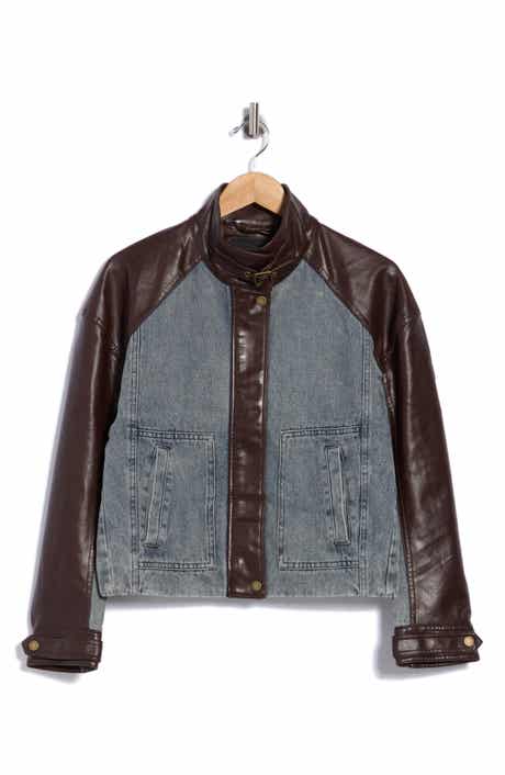 Mixed Media Faux Leather & Denim Moto Jacket