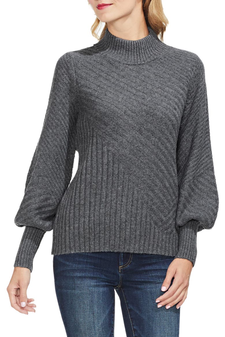 Mix Cable Balloon Sleeve Cotton Blend Sweater, Main, color, MED HEATHER GREY
