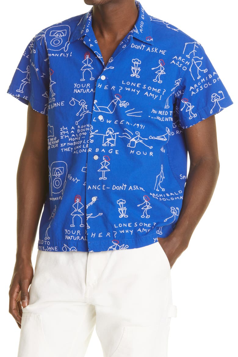 Doodle Scene Embroidered Short Sleeve Cotton Button-Up Shirt, Alternate, color, BLUE