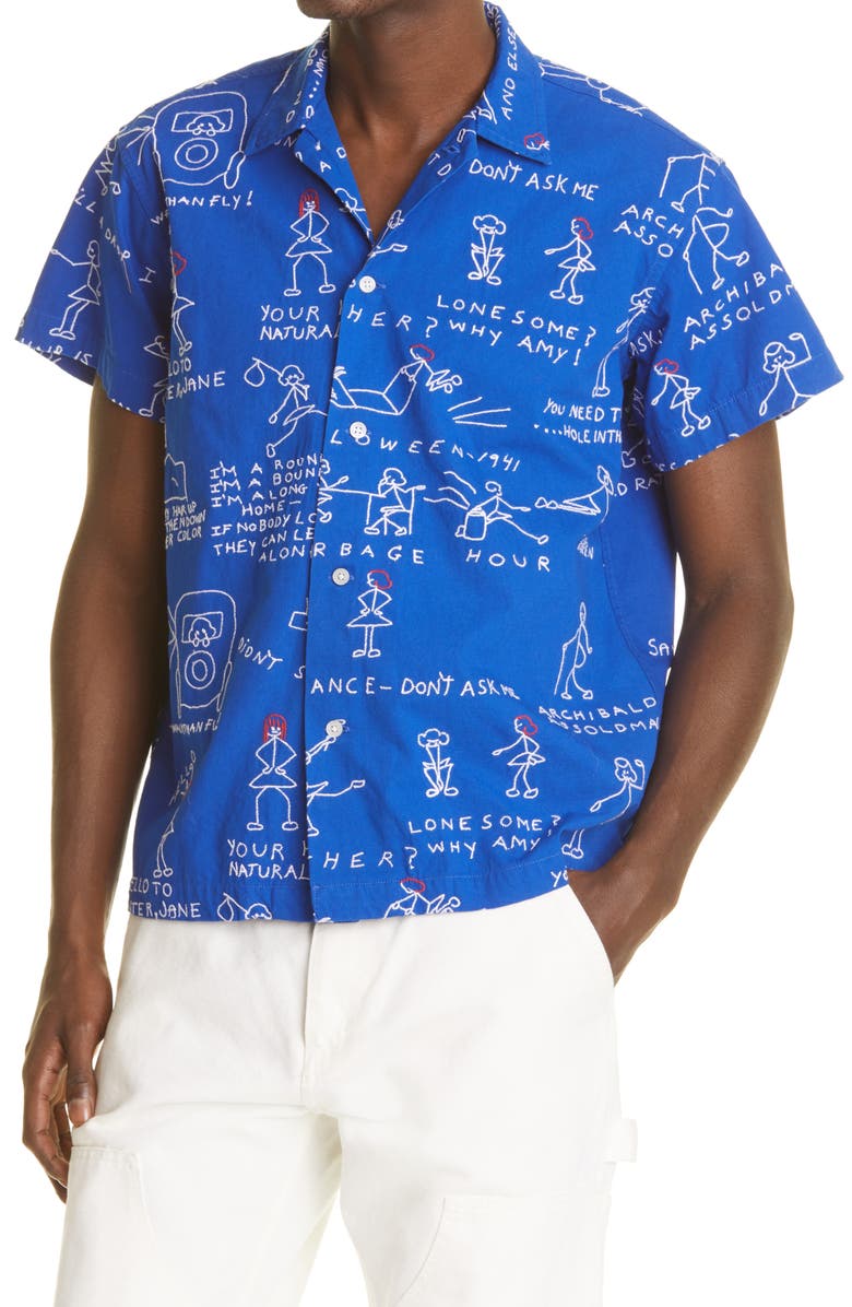 Bode Doodle Scene Embroidered Short Sleeve Cotton Button-Up Shirt, Alternate, color,